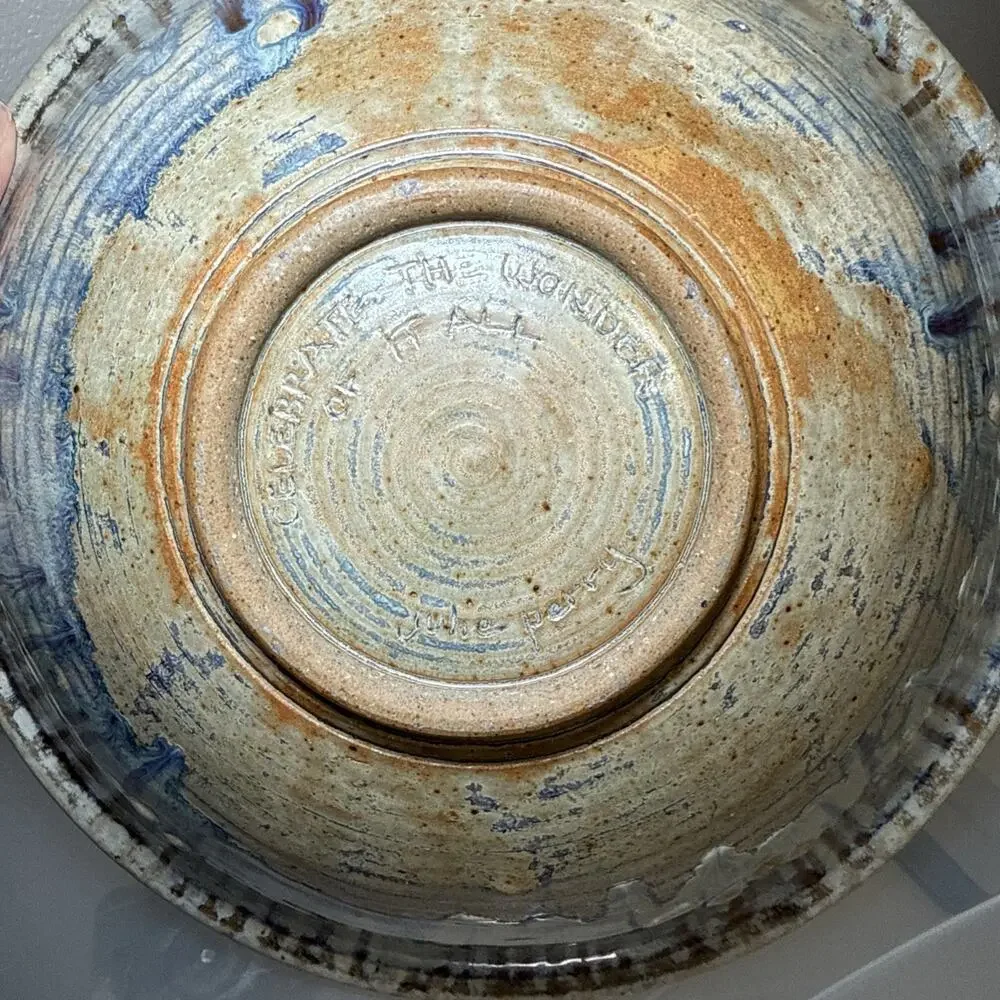Julie Perry Signed Pottery Large Clay Bowl Tan Blue Glaze Celebrate the Wonder